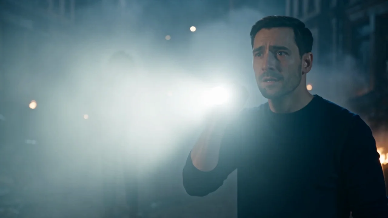 A rescuer searches by flashlight in the zombie couple video sample