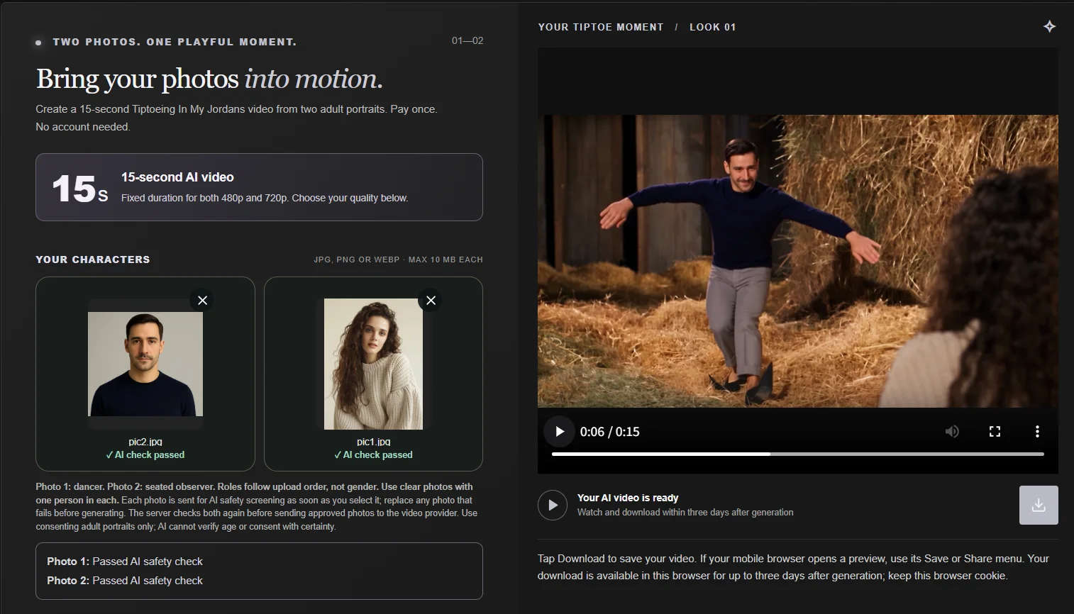 Tiptoeing In My Jordans AI video result showing a full-body dancer tiptoeing in a barn while the seated second character watches